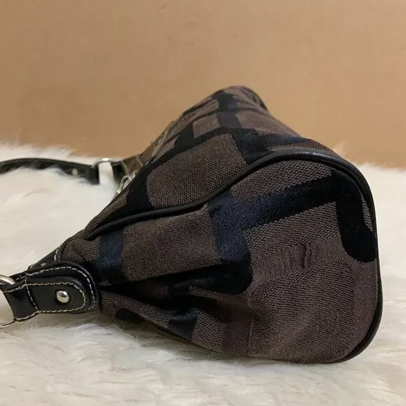 NINE WEST Vintage Y2K Dark Brown & Black Logo Pattern Canvas Hobo Shoulder Bag - Picture 6 of 10